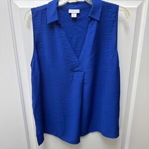 Liz Claiborne Blouse Sleeveless V-Neck Collared Women's Petite‎ PXL Royal Blue